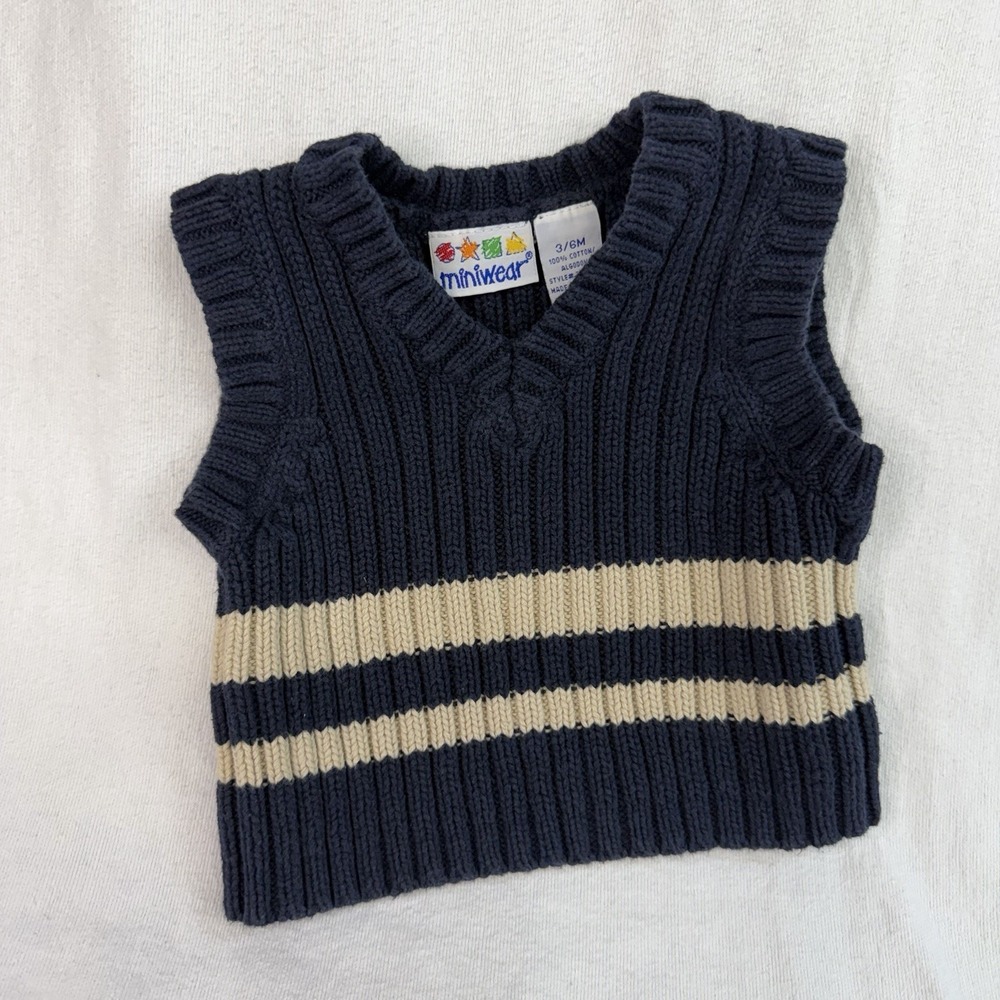 Miniwear Navy Blue Tan Striped Ribbed Knit Cotton Baby Sweater Vest V-neck 3-6mo